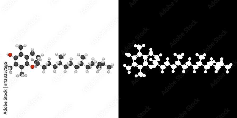 Chemical structure of Vitamin E (alpha-Tocopherol). Formula: C29H50O2. 3D illustration. Chemical structure model: Ball and Stick. RGB + Alpha(Transparent) channel. Chemical structure of Vitamin E (alpha-Tocopherol). Formula: C29H50O2. 3D illustration. Chemical structure model: Ball and Stick. RGB + Alpha(Transparent) channel.