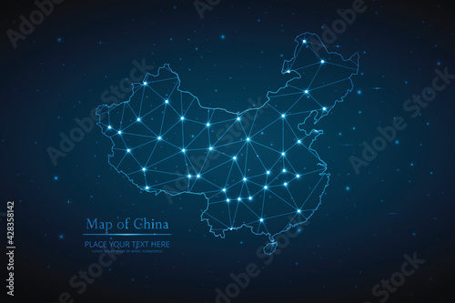 Abstract map of China geometric mesh polygonal network line, structure and point scales on dark background. Vector illustration eps 10