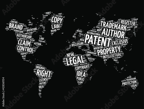 Patent word cloud in shape of world map, concept background