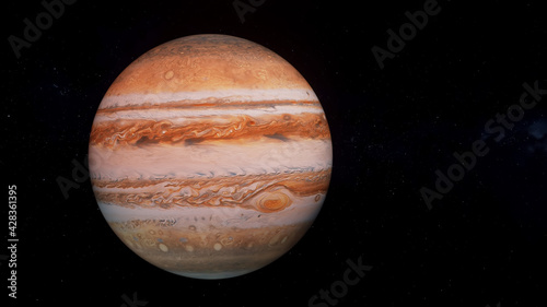 Fotografie, Obraz Jupiter planet 3D render illustration, high detailed surface features, jupiter globe scientific background with stars in the background