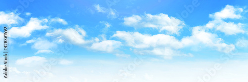 Sunny day background, blue sky with white cumulus clouds, natural summer or spring background with perfect hot day weather illustration.