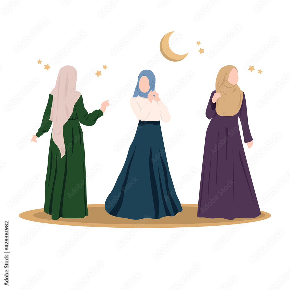 Arab girls in hijab and beautiful dresses. Several Muslim girls are models. Islamic models from the Arab Emirates on a white background. Vector illustration.