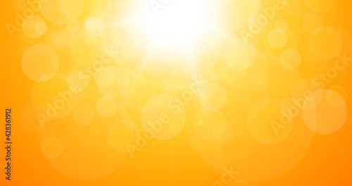 Sun with lens flare and bokeh of lights, summer or spring natural orange background as nature hot sunny day, vector illustration.