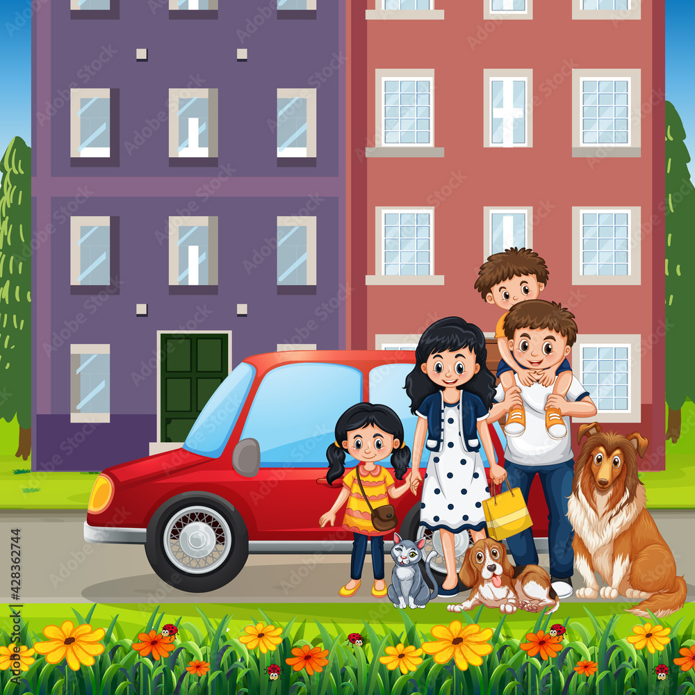 Outdoor scene with happy family