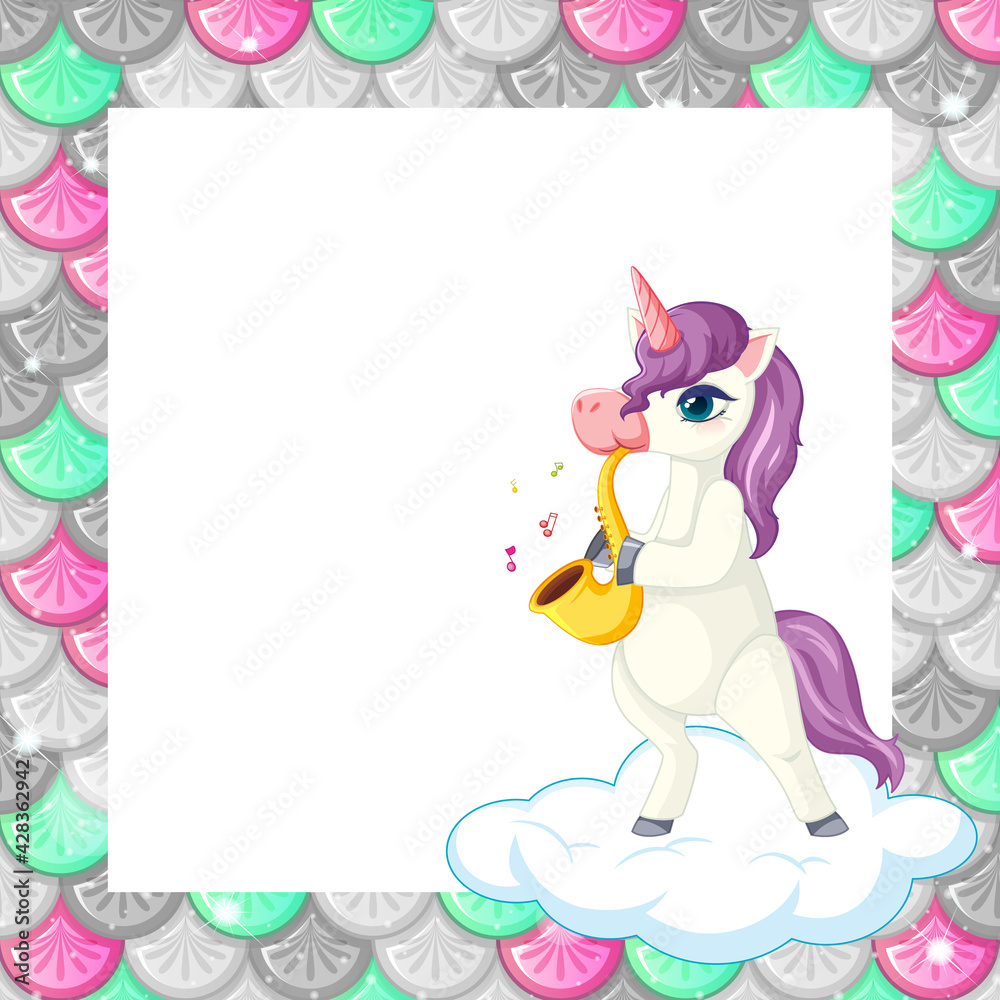 Blank colourful fish scales frame template with cute unicorn cartoon character