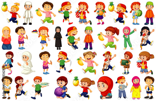 Children doing different activities cartoon character set on white background © GraphicsRF