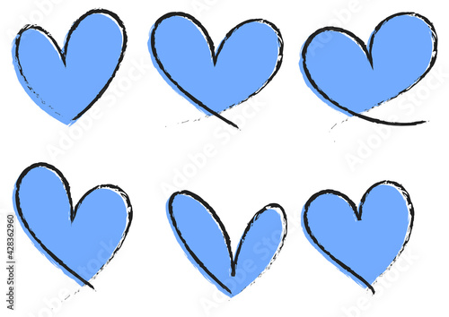 Set of blue heart hand drawn isolated