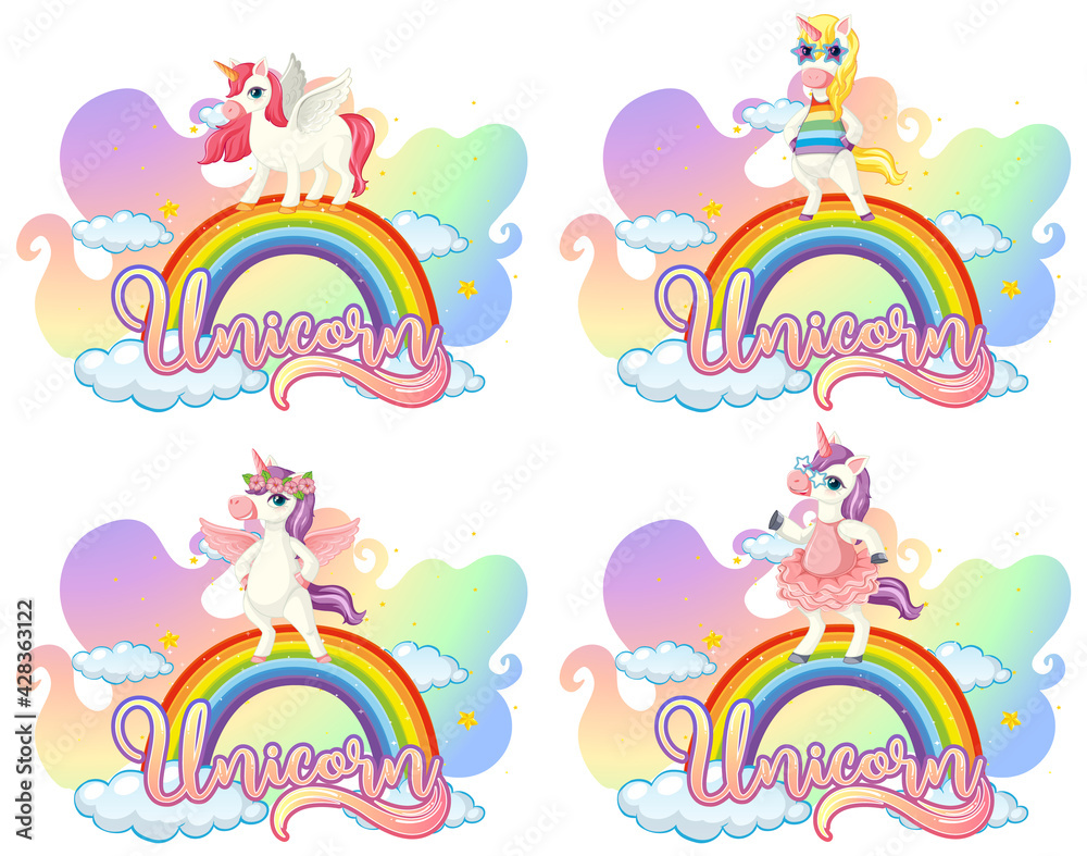 Set of different unicorn cartoon character on rainbow with unicorn font Set of different unicorn cartoon character on rainbow with unicorn font