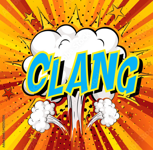 Word Clang on comic cloud explosion background