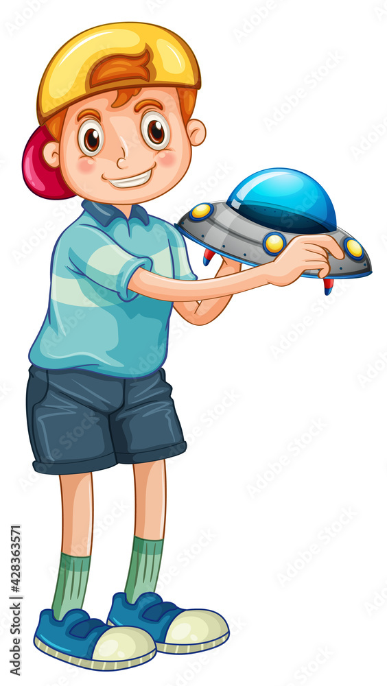 Student boy cartoon character holding a ufo model Student boy cartoon character holding a ufo model