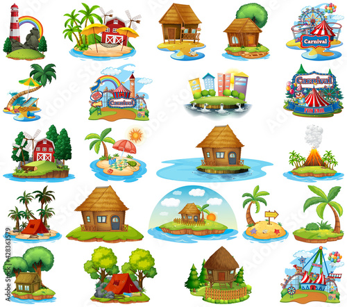 Set of different bangalows and island beach theme and amusement park isolated...