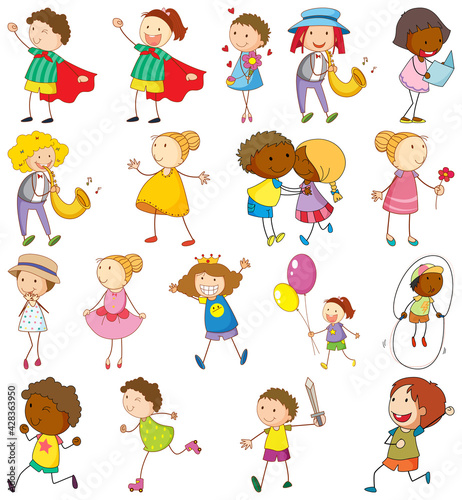 Set of different kids in doodle style