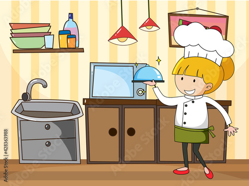 Little chef in the kitchen scene with equipments