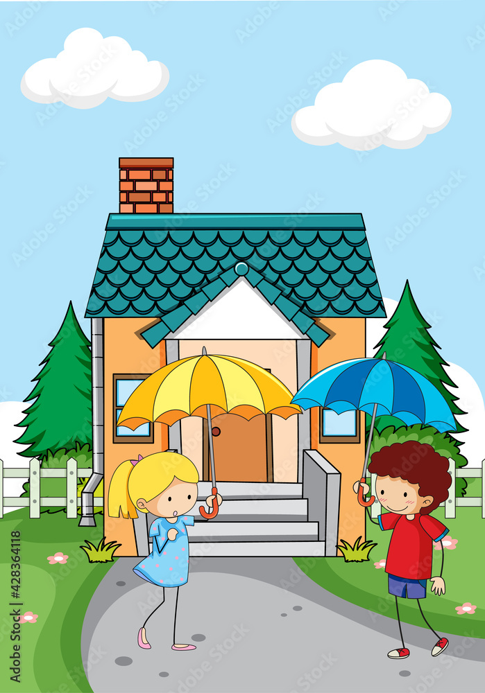 Front of house scene with two kids holding umbrella