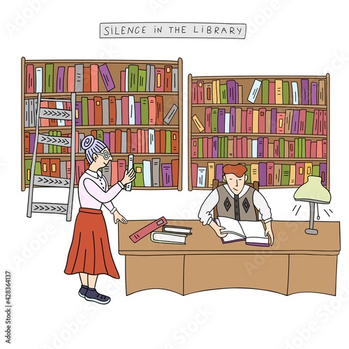 Guy reading book in the library. Bookshelves with many books. Librarian helps. Vector doodle illustration