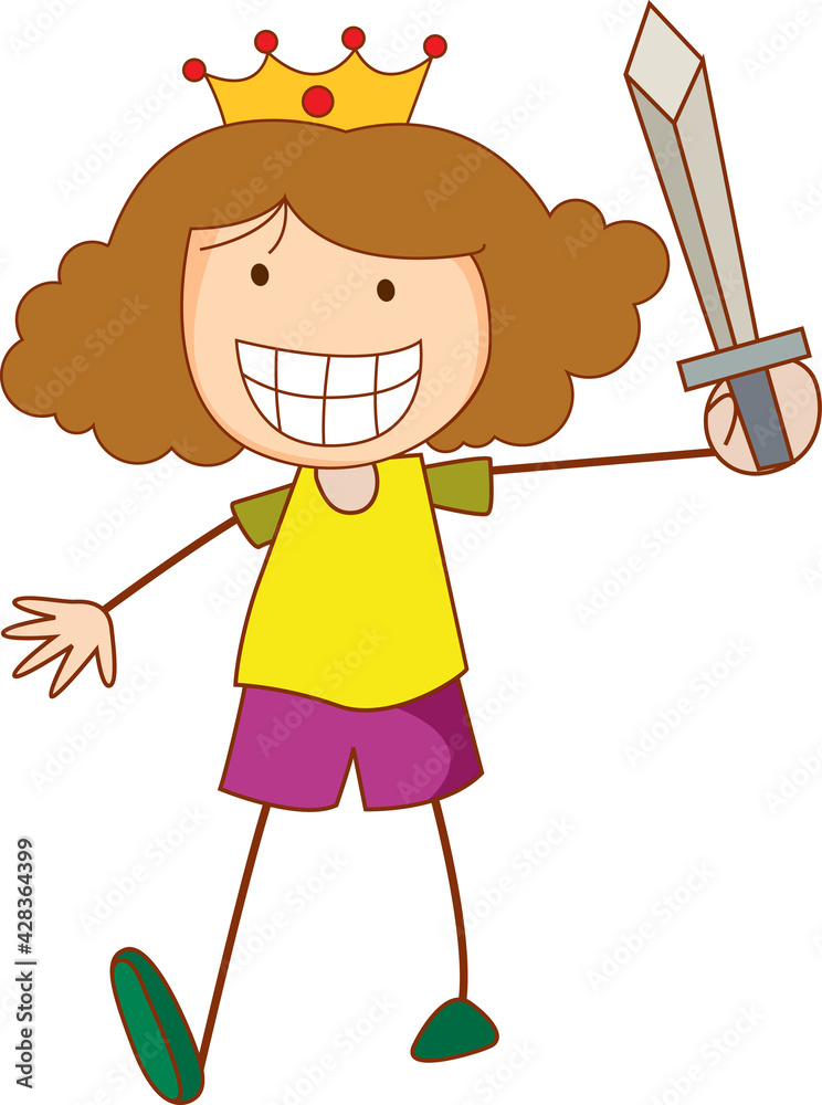 A doodle kid holding a sword cartoon character isolated A doodle kid holding a sword cartoon character isolated