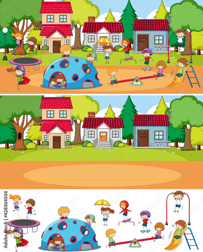 Park scene set with many kids doodle cartoon character isolated Park scene set with many kids doodle cartoon character isolated
