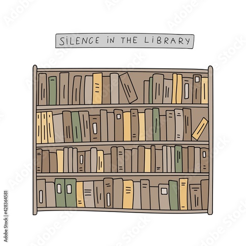 Reading book in library. Bookshelf with books in the library