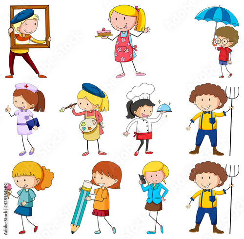 Set of different doodle kids cartoon character