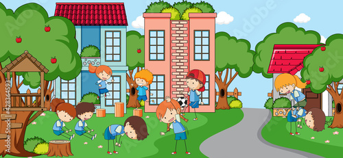 Outdoor scene with many kids playing at playground