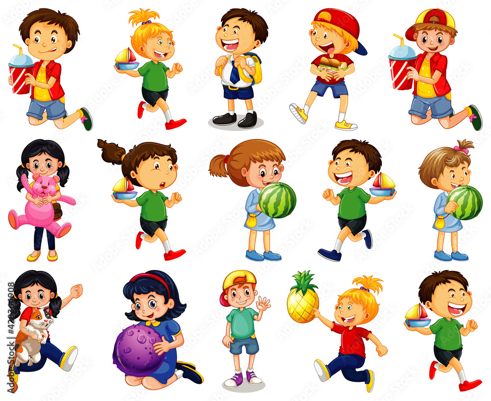 Children doing different activities cartoon character set on white background Children doing different activities cartoon character set on white background