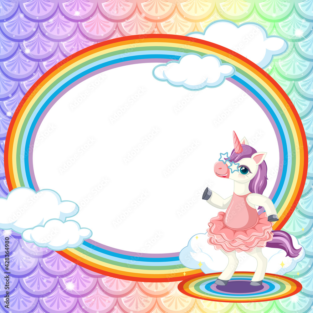 Oval frame template on rainbow fish scales background with unicorn cartoon character Oval frame template on rainbow fish scales background with unicorn cartoon character