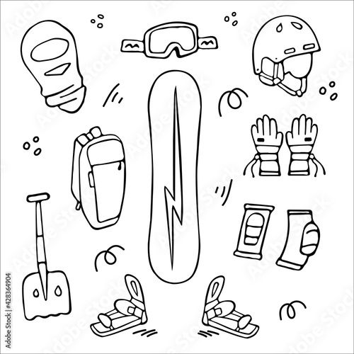 Snowboarding equipment set. Doodle vector illustration. Snowboard, helmet, goggles and other equipment