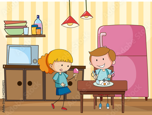Little kids in the kitchen scene with equipments