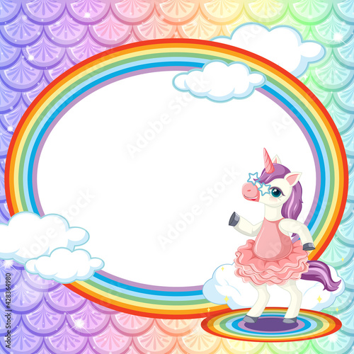 Oval frame template on rainbow fish scales background with unicorn cartoon character
