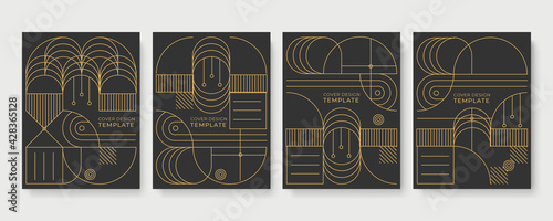 Geometric Art Deco geometric pattern with label, gold on black background. Golden, vintage, retro, autumn, winter, frame sign. Decorative abstract design, east motif, elegant line luxury foil lines.