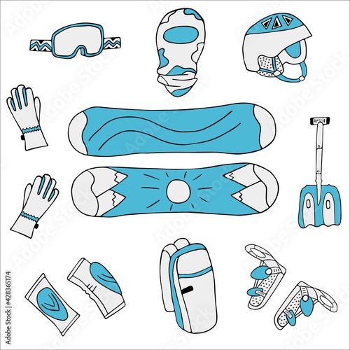 Snowboarding equipment set vector illustration in grey and blue colors
