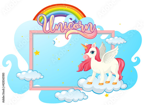 Empty banner with cute unicorn cartoon character on white background