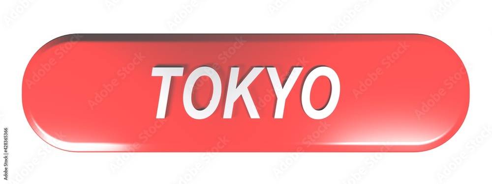 TOKYO red rounded rectangular push button on white background - 3D rendering illustration