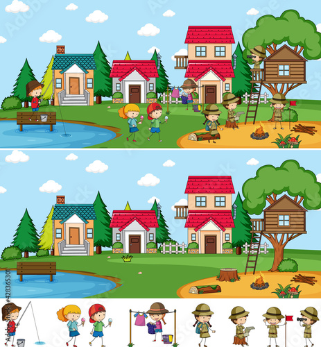 Park scene set with many kids doodle cartoon character isolated