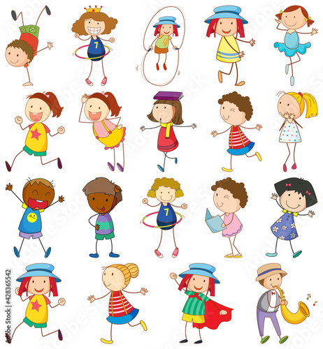 Set of different kids in doodle style