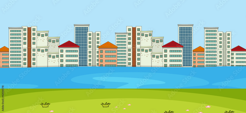 Horizontal scene with river and cityscape background