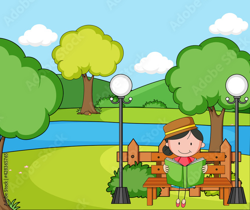 Park scene with a girl reading book sitting on bench