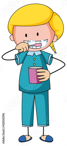 Little girl brushing teeth doodle cartoon character isolated