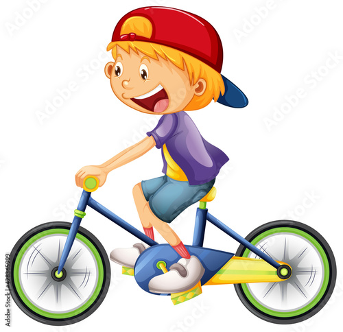 A boy cartoon character wearing cap riding a bicycle