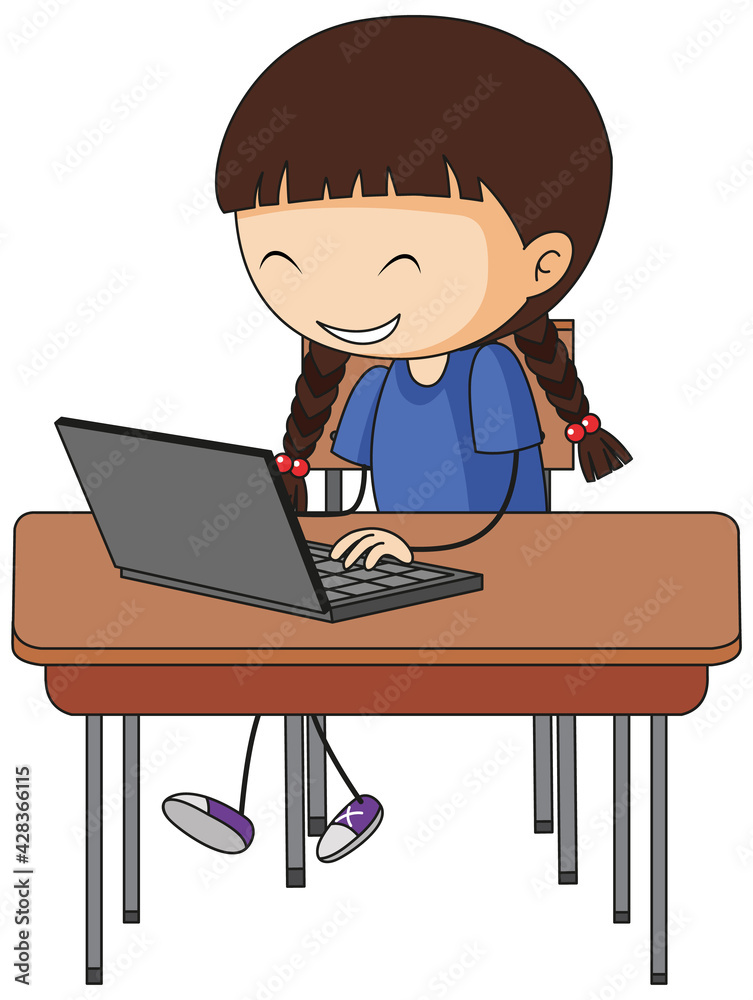 Cute girl using laptop doodle cartoon character Cute girl using laptop doodle cartoon character