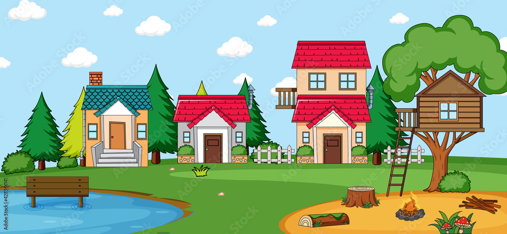 Outdoor scene with many houses in nature scene