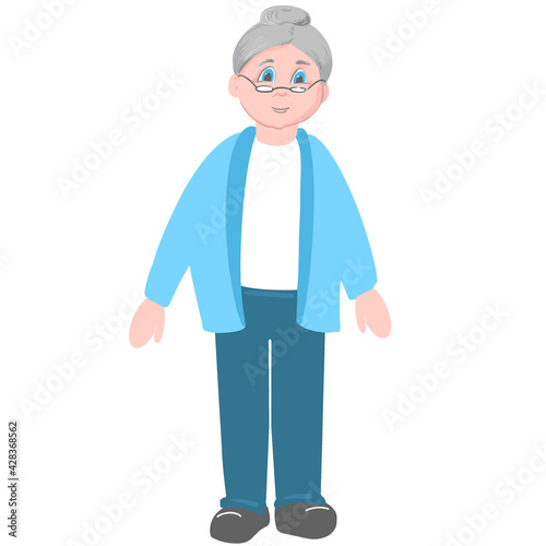 Portrait of cute old woman. Grandmother wearing glasses, with grey hair. Senior lady on walk. Hand drawn llustration. Vector