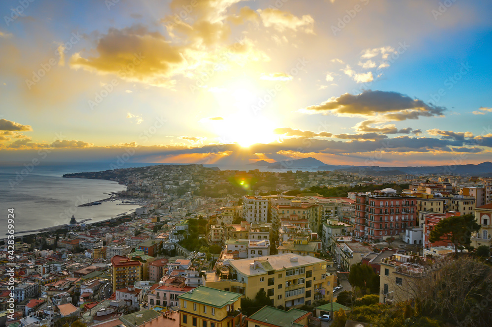 Panoramic view of the old town from the terrace of a medieval castle in Naples, Italy.