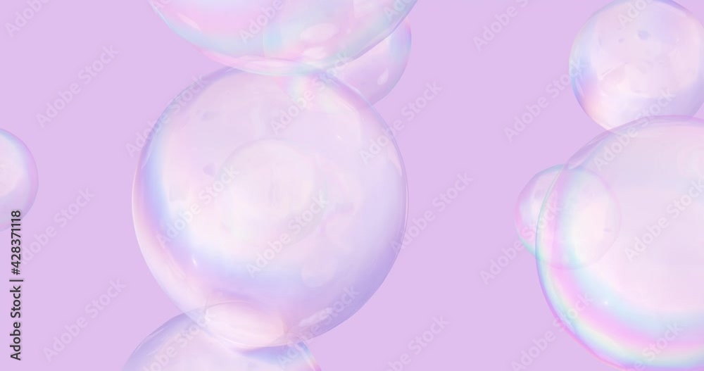 Abstract holographic floating liquid blobs, soap bubbles background. 3D seamless loop animation.