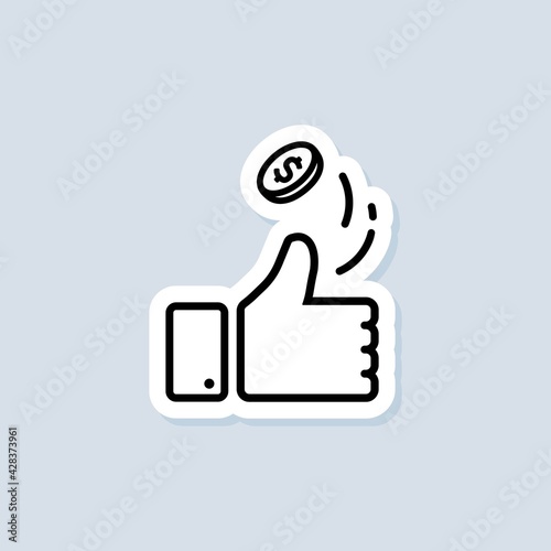 Coin flipping sticker. Heads or tails icon. Thumb up icon. Vector on isolated background. EPS 10