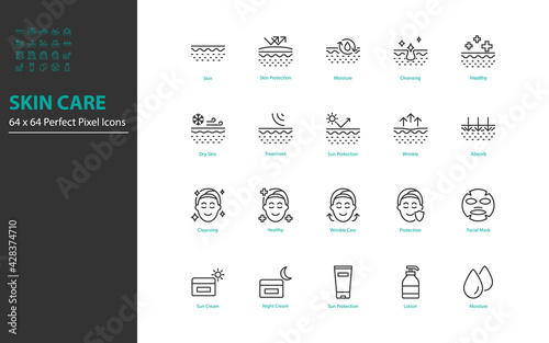 set of skin care thin line icons, moisture, sunscreen, epidermis
