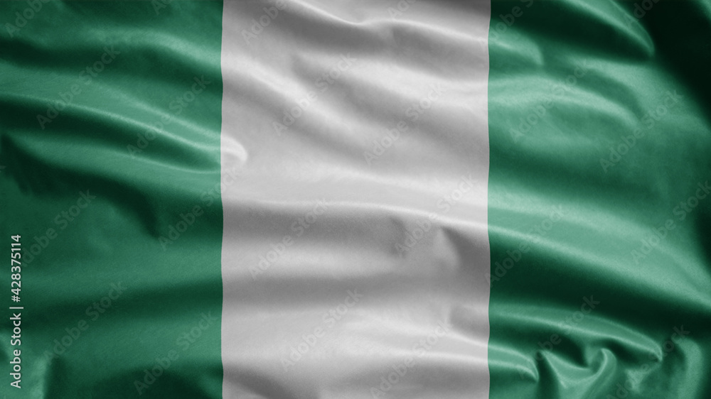 Nigerian flag waving in the wind. Close up of Nigeria banner blowing soft silk.