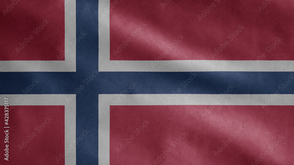 Fototapeta premium Norwegian flag waving in the wind. Close up of Norway banner blowing soft silk.