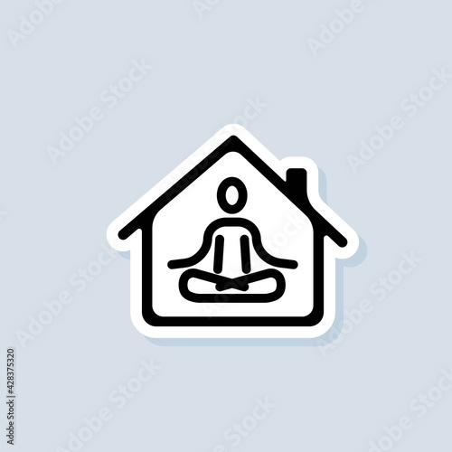 Meditation sticker. Yoga, fitness exercise. Doing yoga at home icon. Relaxation and concentration. Quarantine activity. Vector on isolated background. EPS 10