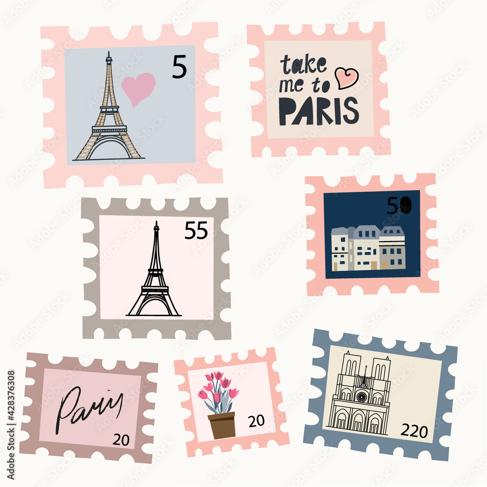 Set of postage stamps with drawings of Paris. Eiffel Tower,  hand drawn. Use for packaging, wallpaper, poster, room interior decor,  postcard, concept, clipart, vector